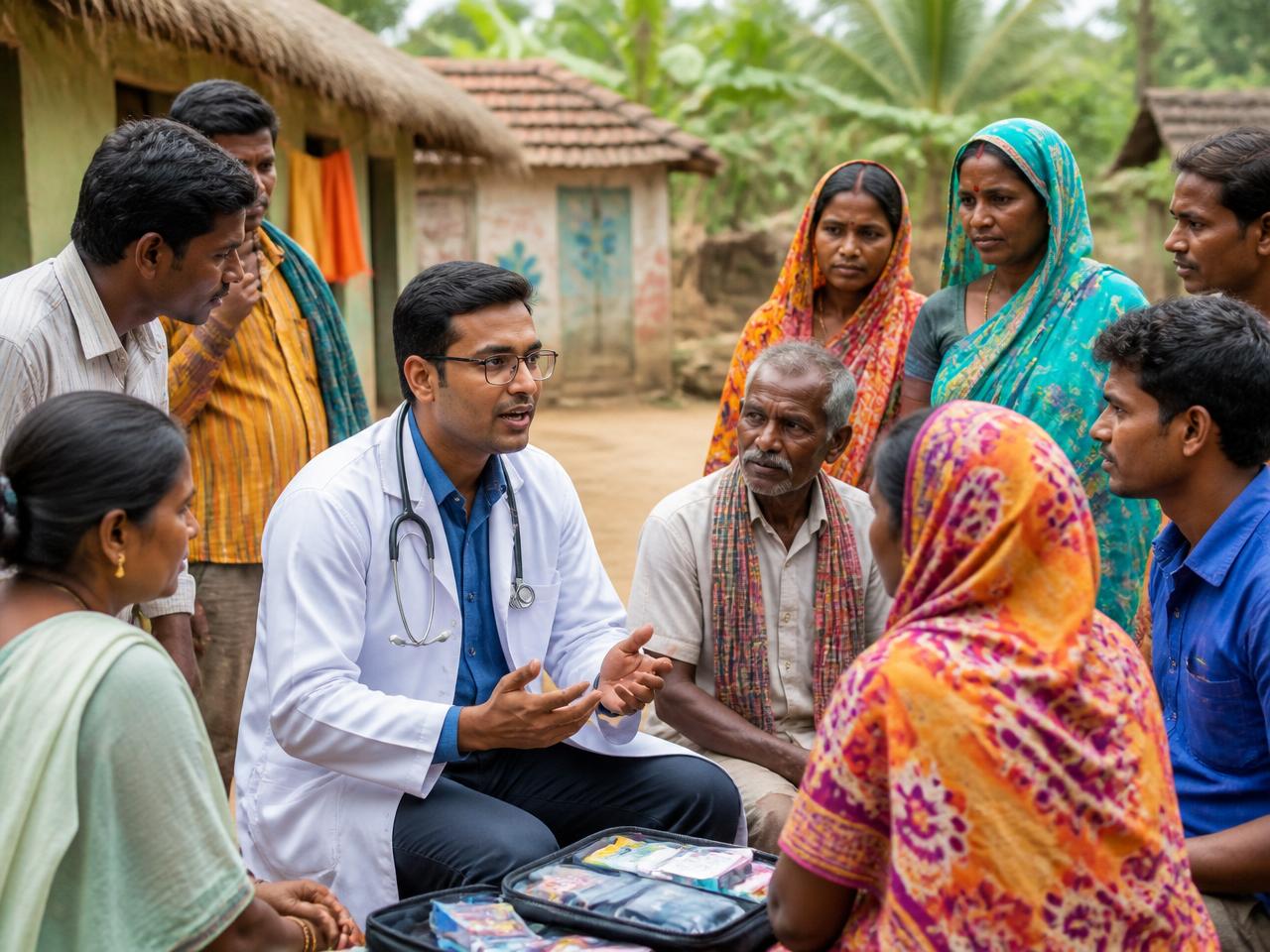 MJR Health doctor consulting with villagers during a rural health camp